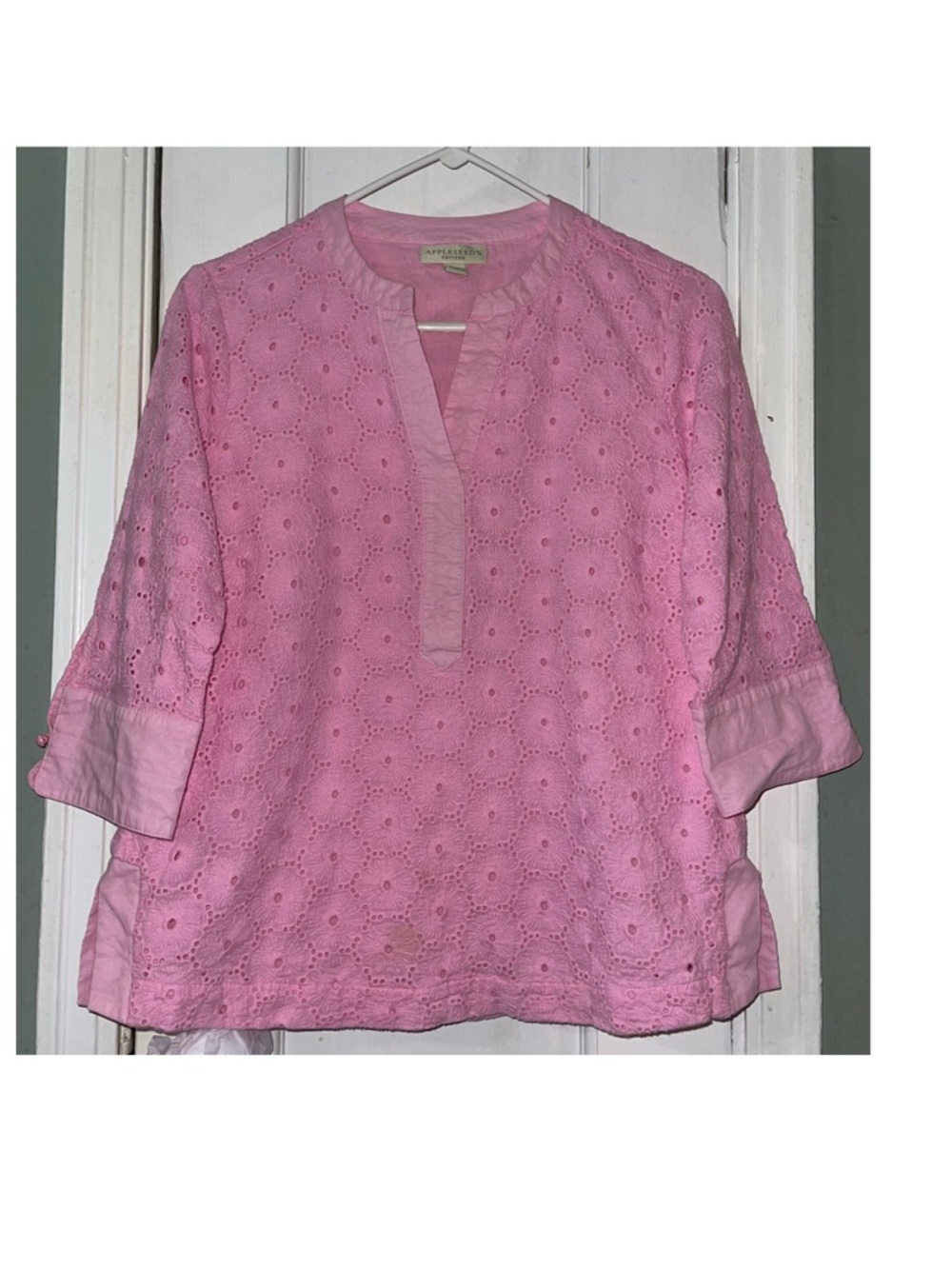 Appleseed's Pink Eyelet Split V Tunic